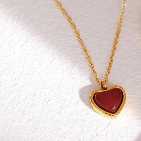 ◾️18k Gold Plated Red Agate Stone Heart Pendant Clavicle Necklace Chain - Picture 12 of 12
